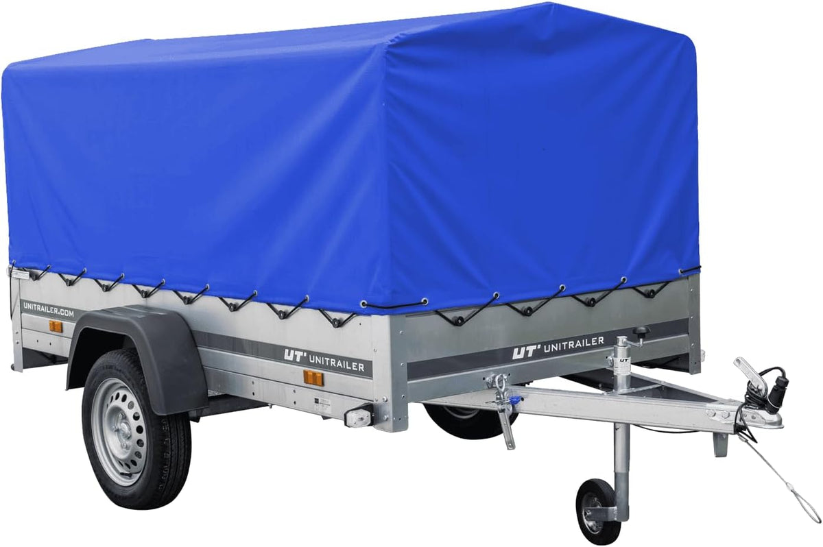 AnhängerNest Garden Trailer 230 Kipp 750 kg – mit Stützrad, blauer Hochplane und Hochspriegel