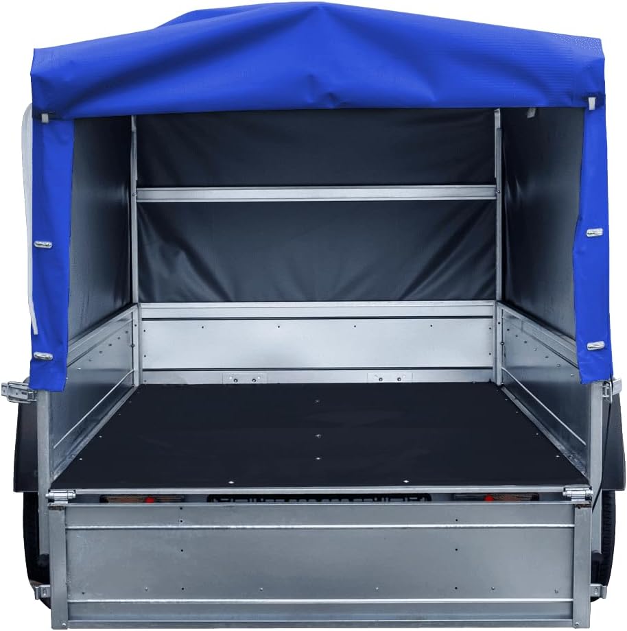 AnhängerNest Garden Trailer 230 Kipp 750 kg – mit Stützrad, blauer Hochplane und Hochspriegel