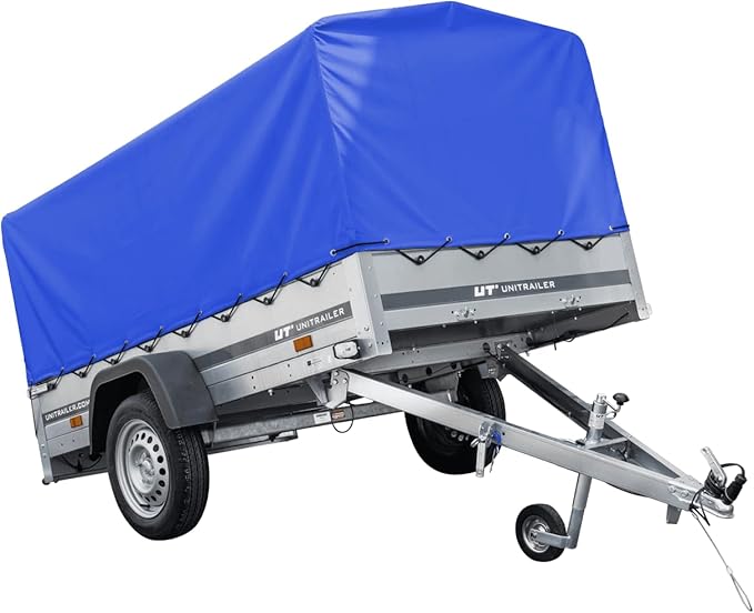 AnhängerNest Garden Trailer 230 Kipp 750 kg – mit Stützrad, blauer Hochplane und Hochspriegel