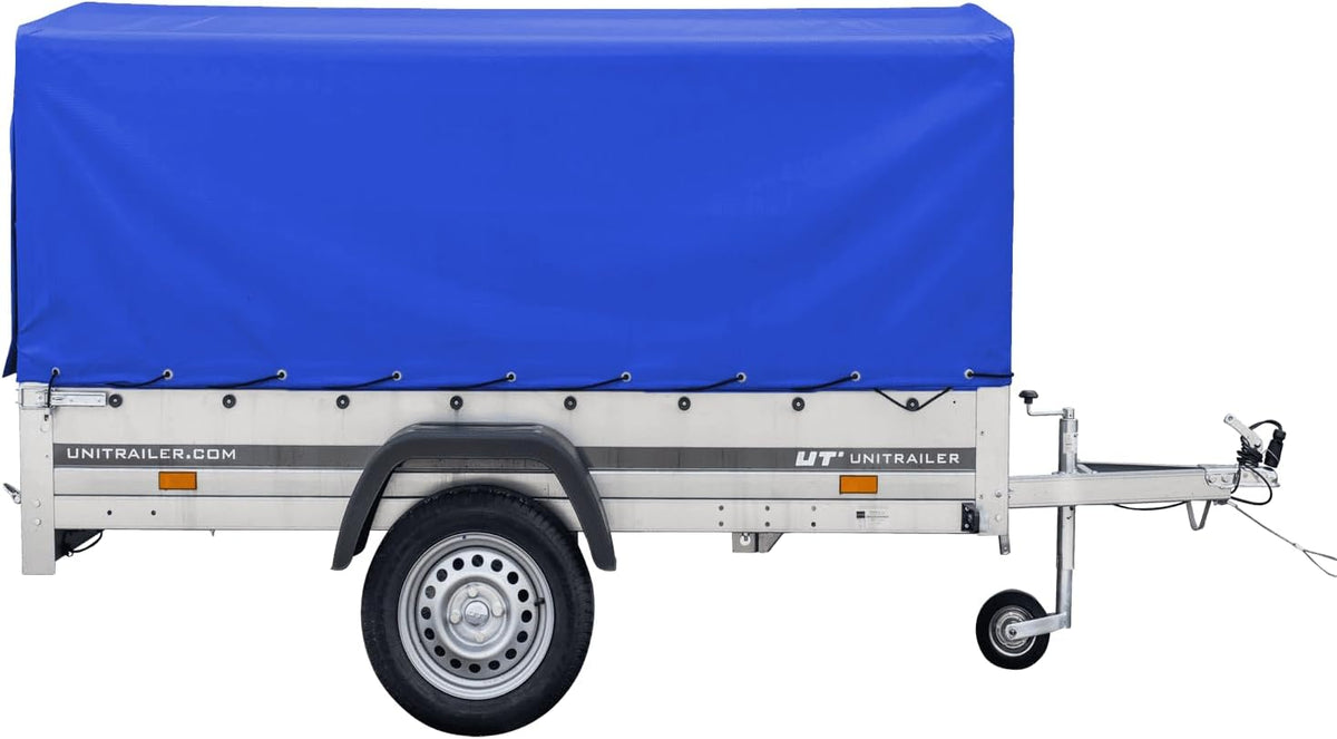 AnhängerNest Garden Trailer 230 Kipp 750 kg – mit Stützrad, blauer Hochplane und Hochspriegel