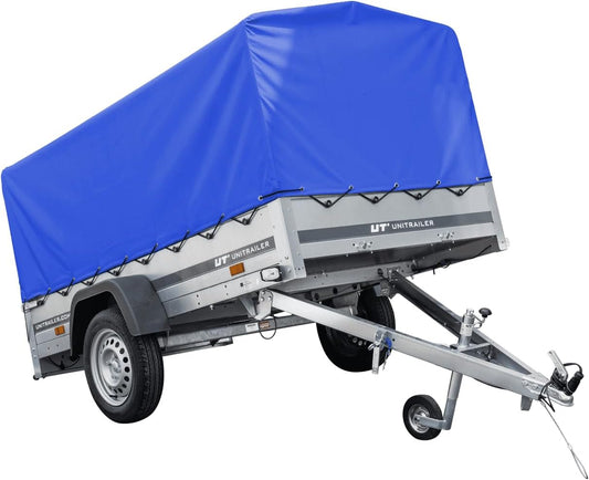 AnhängerNest Garden Trailer 230 Kipp 750 kg – mit Stützrad, blauer Hochplane und Hochspriegel