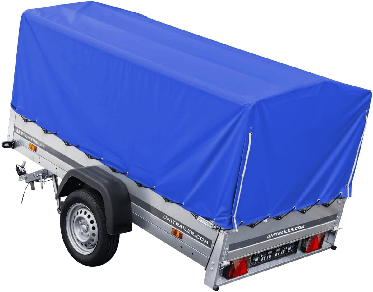 AnhängerNest Garden Trailer 230 Kipp 750 kg – mit Stützrad, blauer Hochplane und Hochspriegel